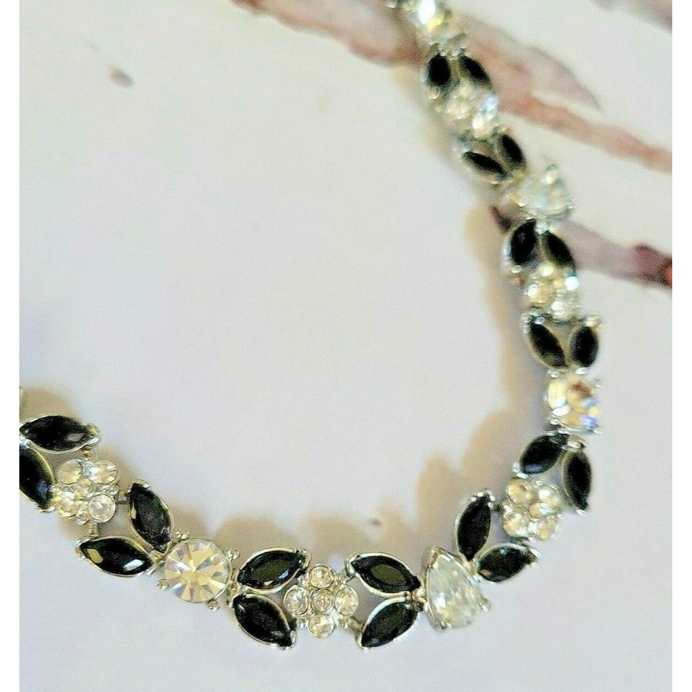 Monet Black Faceted & Clear Rhinestone Twisted Silver Tone Fancy Choker Necklace